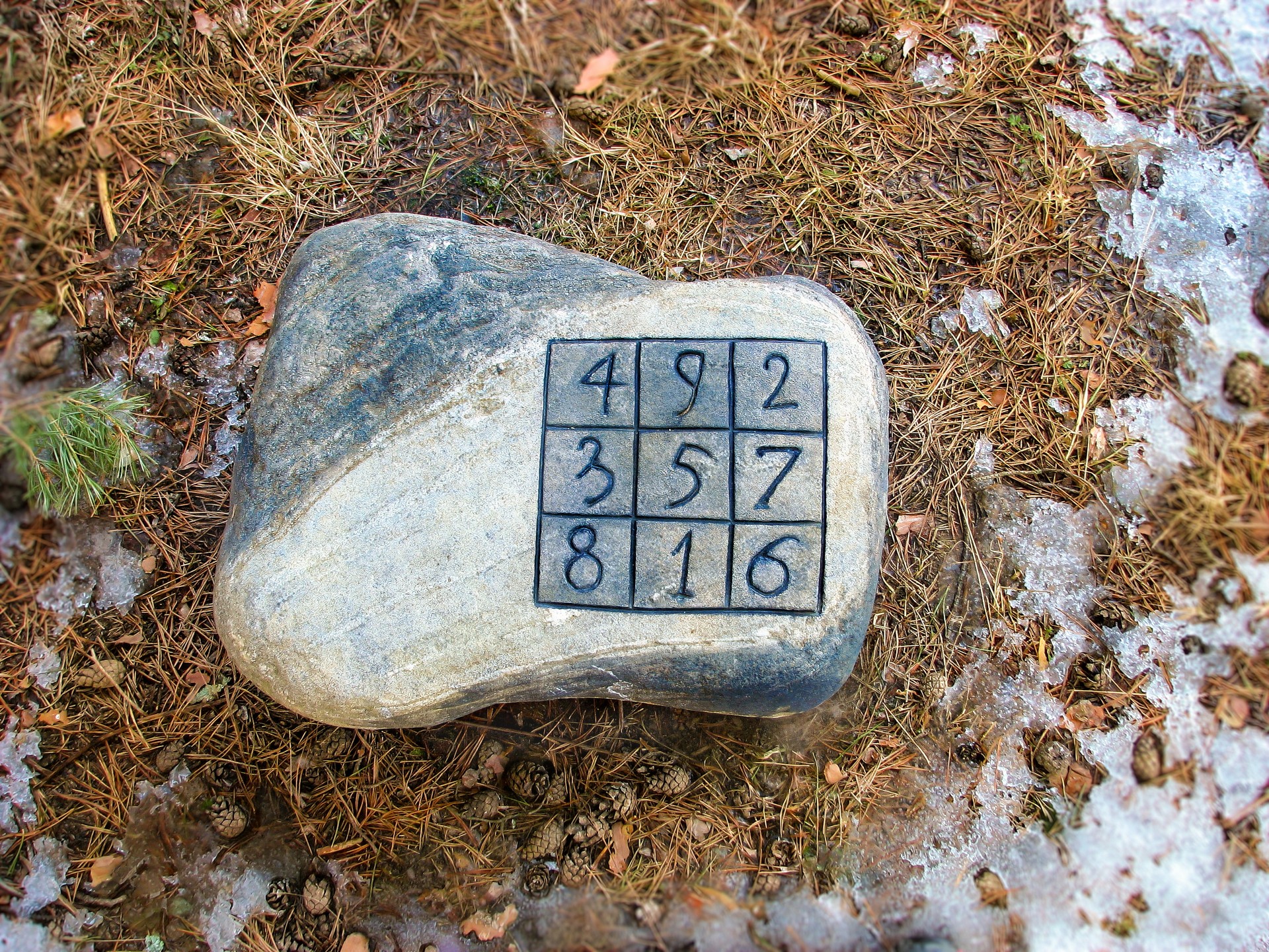 Magic square. Mysterious stone found in forest.